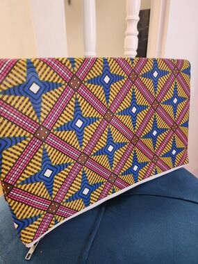 African Print Pattern Clutch Wristlet in Blue, Pink & Yellow